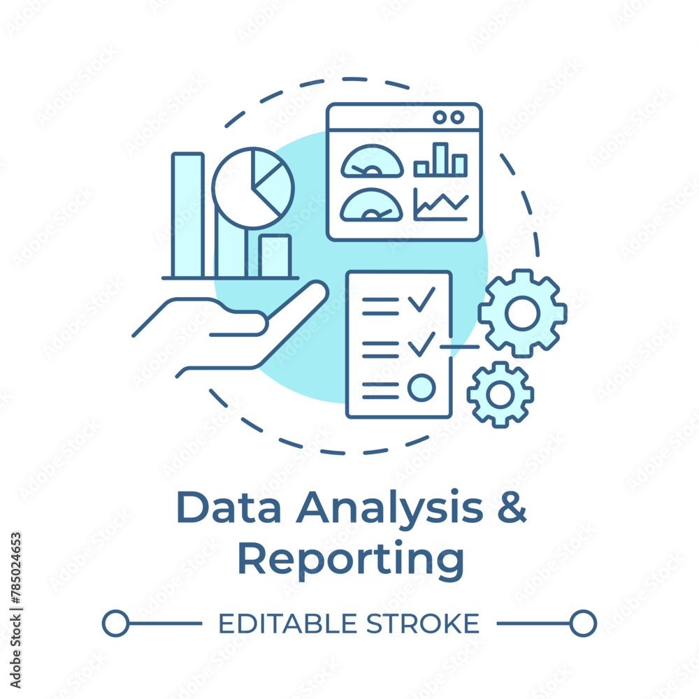 Data analysis and reporting soft blue concept icon. Industry material management. Task accomplishment. Round shape line illustration. Abstract idea. Graphic design. Easy to use in infographic Data analysis and reporting soft blue concept icon. Industry material management. Task accomplishment. Round shape line illustration. Abstract idea. Graphic design. Easy to use in infographic