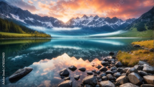 A mountain lake at sunset with a colorful sky and clouds reflecting off the water.