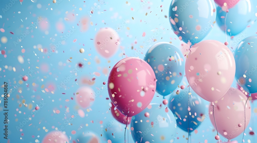 Festive Birthday Celebration Frame with Balloons and Confetti with pastel blue background Festive Birthday Celebration Frame with Balloons and Confetti with pastel blue background