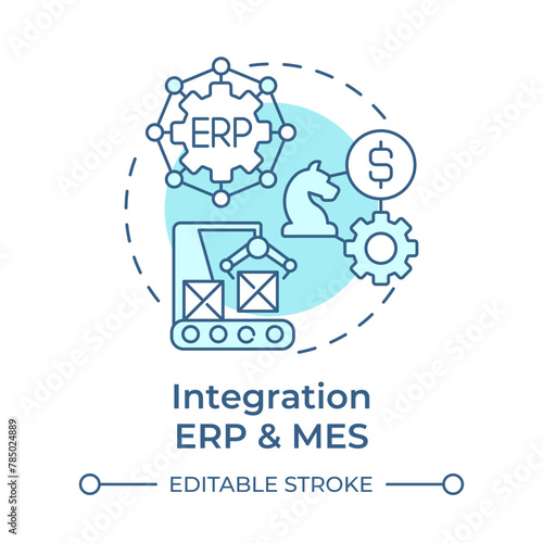 Integration ERP and MES soft blue concept icon. Production processes optimization. Quality control. Round shape line illustration. Abstract idea. Graphic design. Easy to use in infographic, article