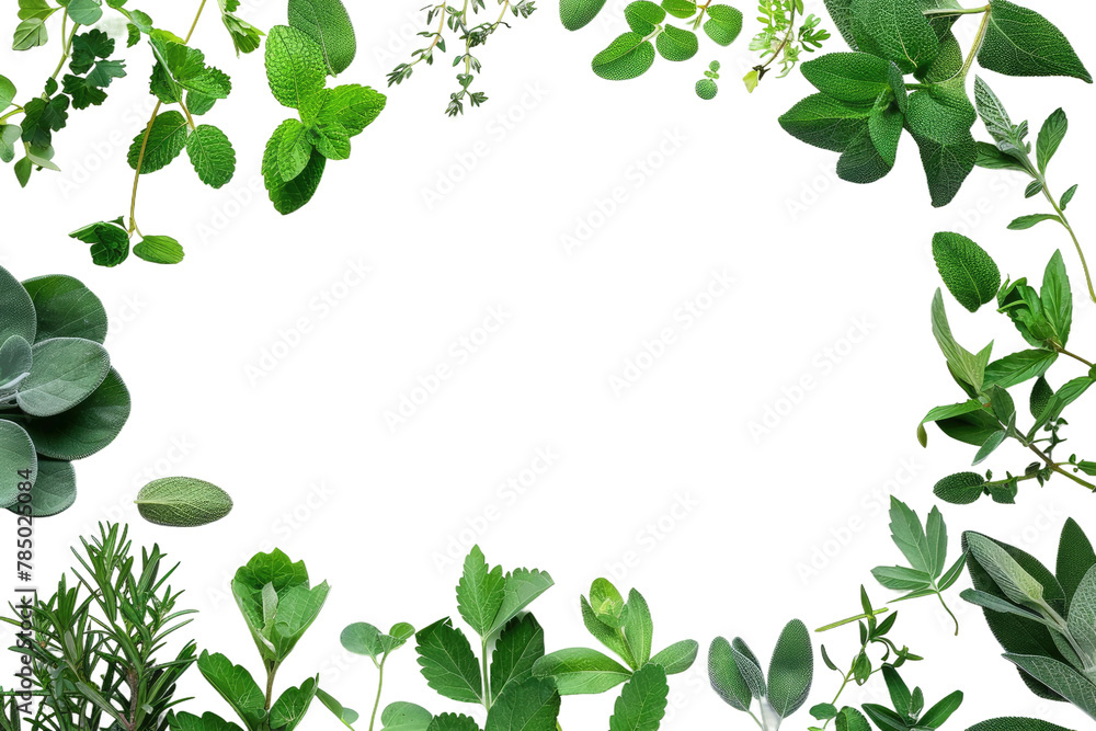 Group of Green Plants and Leaves on White Background