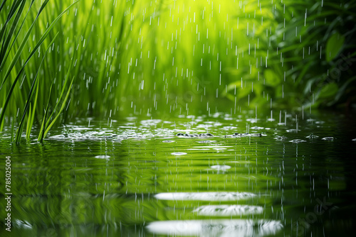 Close-up of summer rain over river water on the background of lush green vegetation. Serene summer landscape. Background  wallpaper. Copy space.
