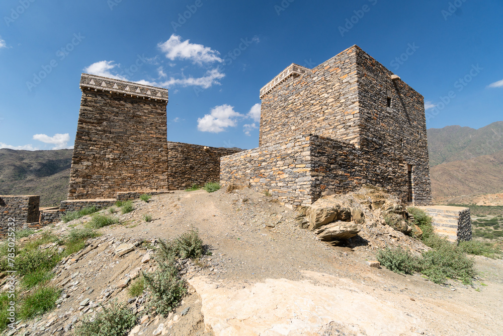 Al-Bahah, Saudi Arabia: Exterior view of the Thee Ain ancient village, known as the marble village, near Jeddah in Saudi Arabia on a hot sunny day.