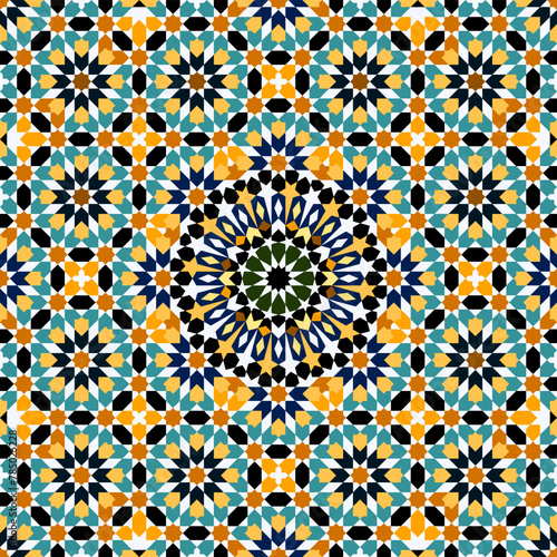 Seamless arabic geometric ornament based on traditional arabic art. Muslim mosaic. Turkish, Arabian tile. Girih style. © Aleksei