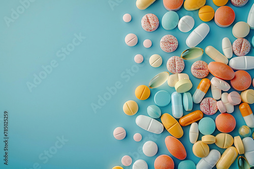 Pharmaceutical pills placed on the right side on blue background. photo