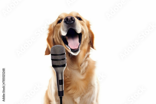 An irresistible dog with a playful expression, holding a microphone and singing a catchy tune against a clean white background.
