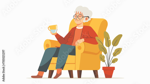 Senior woman wearing glasses sitting in armchair drink © Noman