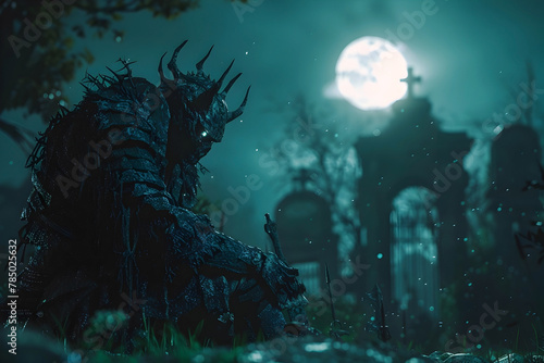 A Flesh-Eating Warrior Lurks in the Moonlit Cemetery,His Eerie Gaze Fixed on Unsuspecting Prey © lertsakwiman