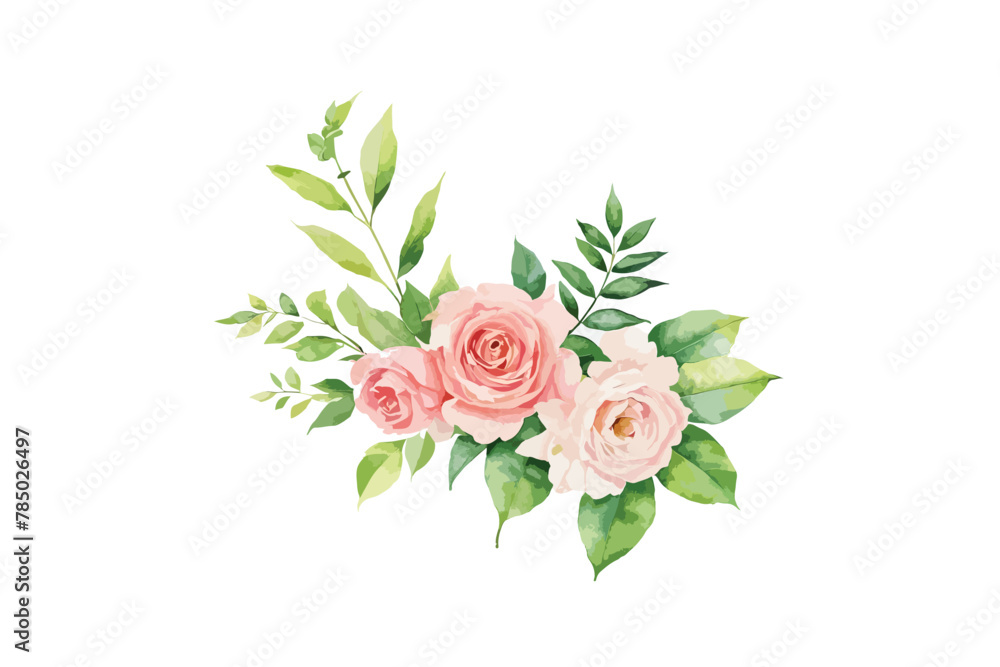 Watercolor flower bouquets clipart illustration and rose floral branch with green leaves for greeting card or wedding invitation card on vector illustration, weeding card design,