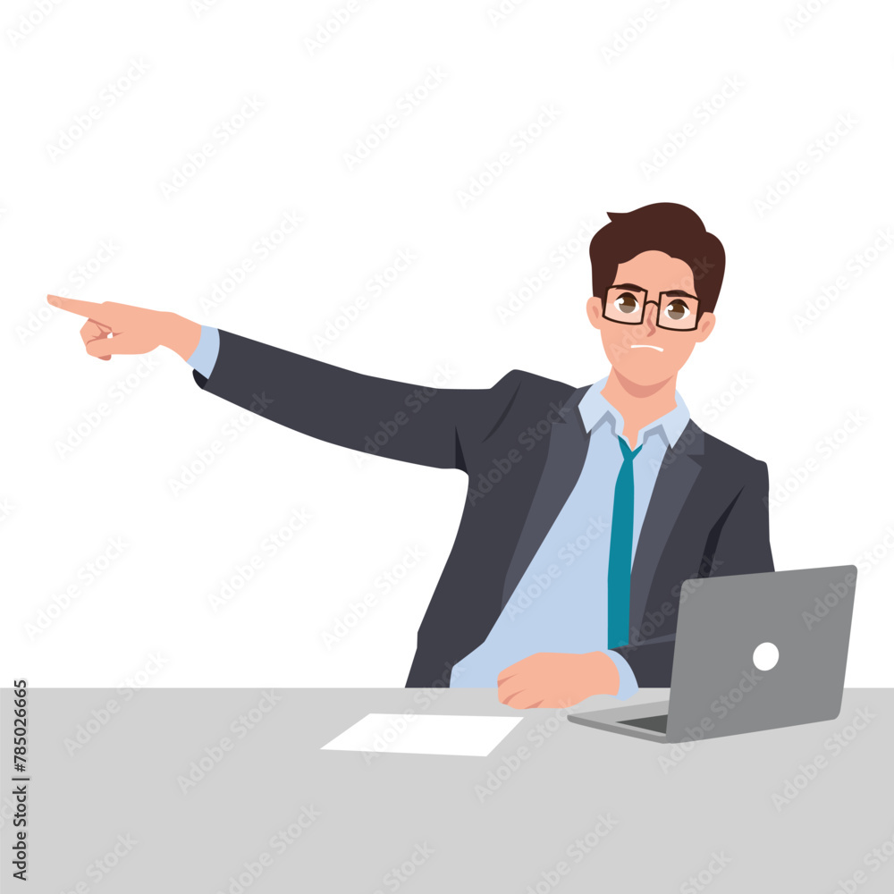 Angry businessman in a office pointing away asking to leave. Flat vector illustration isolated on white background Angry businessman in a office pointing away asking to leave. Flat vector illustration isolated on white background