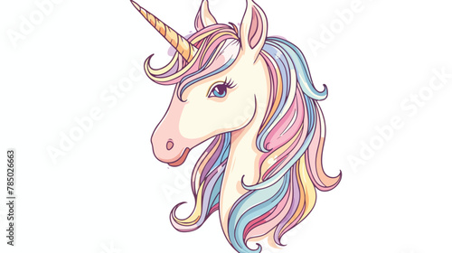 Cute colorful hand drawn smiling unicorn in profile white