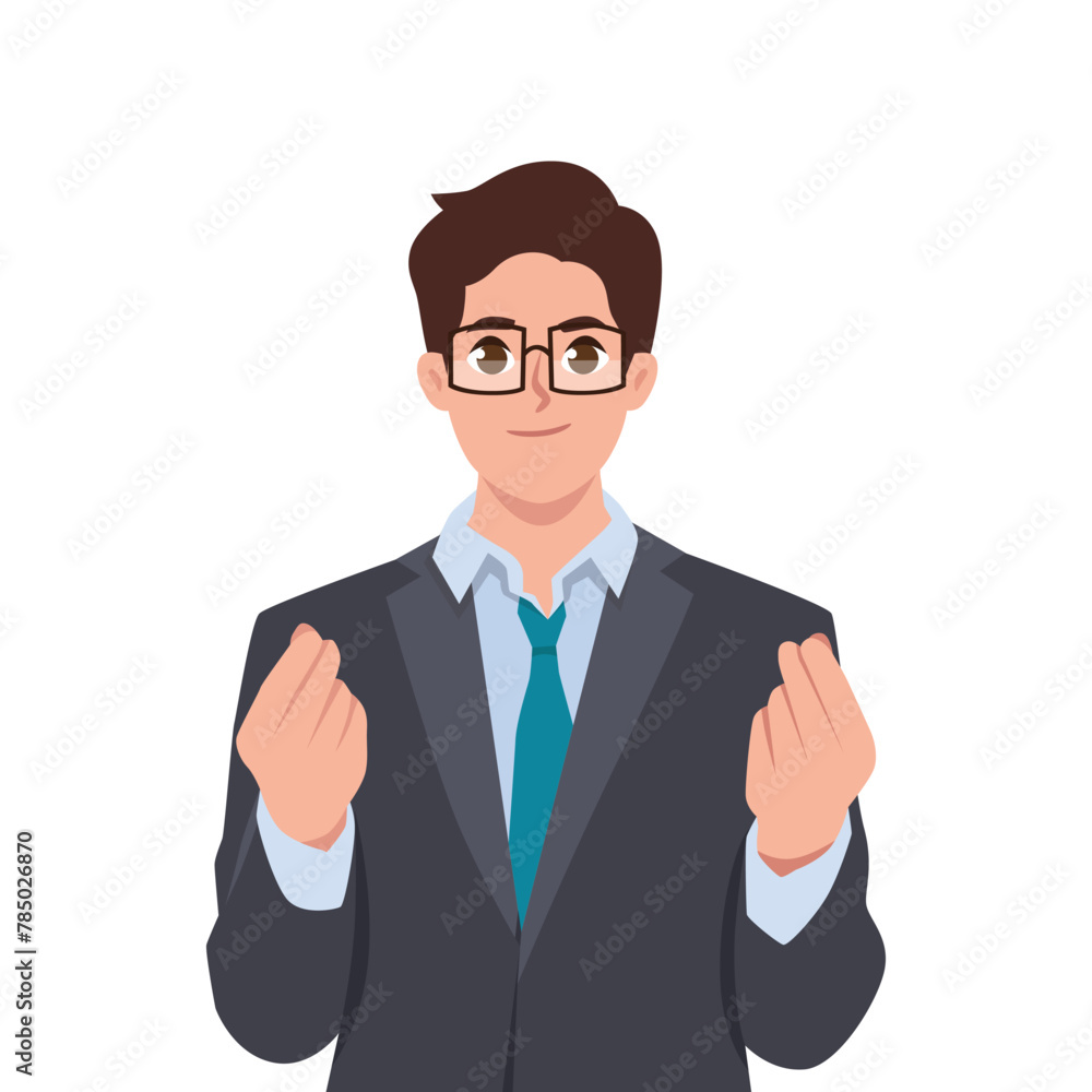 Young businessman making money gesture with hands. Flat vector illustration isolated on white background Young businessman making money gesture with hands. Flat vector illustration isolated on white background