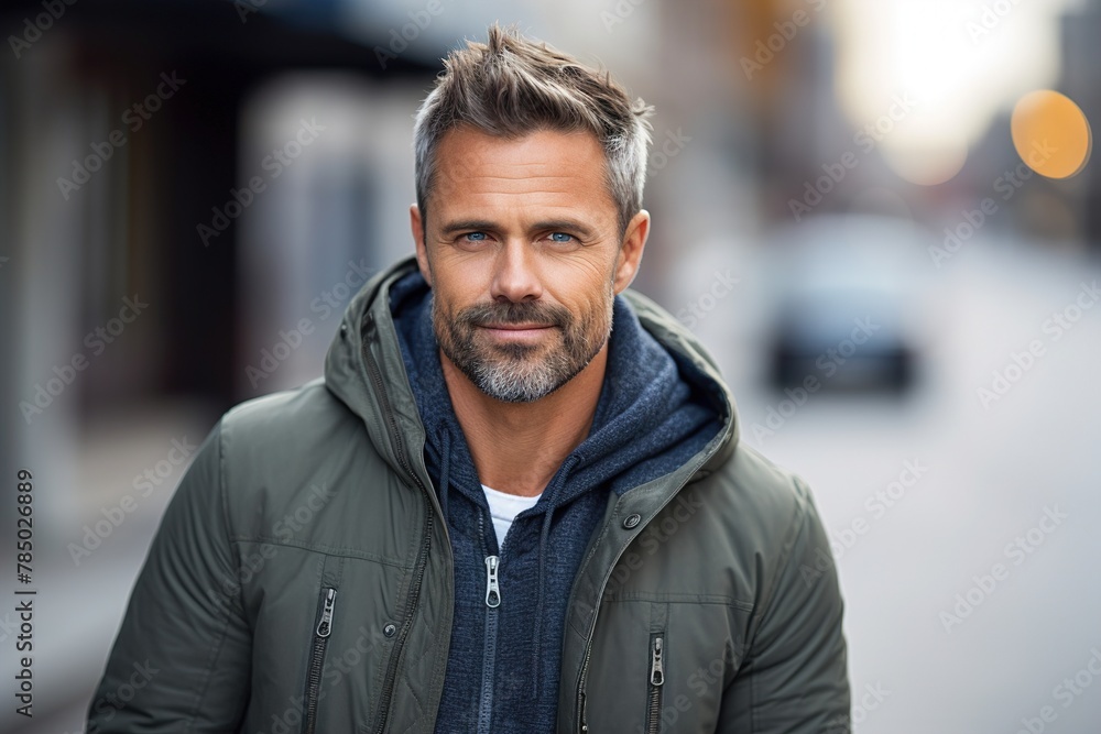 A man with a beard and gray hair is wearing a green jacket and smiling A man with a beard and gray hair is wearing a green jacket and smiling