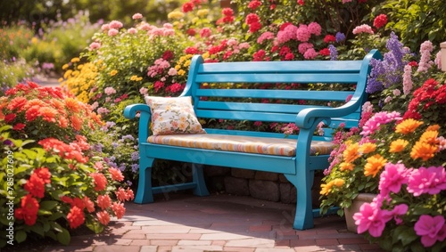 A blue bench sits in a garden of colorful flowers.

