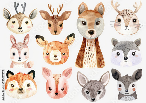 Cute animal face clipart set, watercolor cartoon illustration isolated on white background