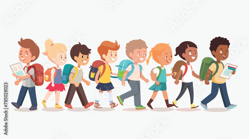 Smiling kids school students walk together holding