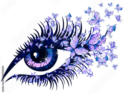 Beautiful female eye with purple butterflies in eyelashes. Woman eye Fashion illustration  for beauty salon sign, makeup artist logo design, greeting cards, trendy poster and more