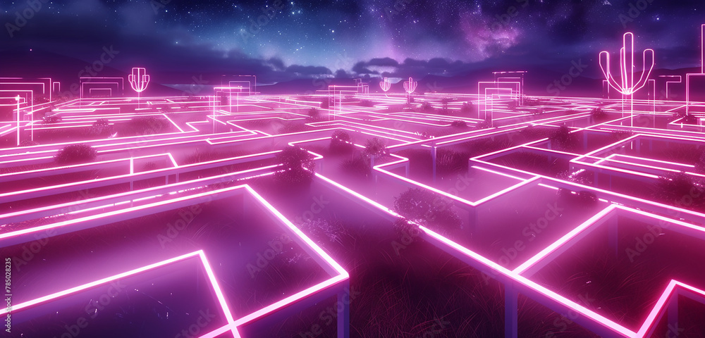 A geometric neon maze, with lines of light forming complex pathways that twist and turn, inviting viewers into a luminous puzzle against the night sky. 32k, full ultra hd, high resolution - obrazy, fototapety, plakaty 