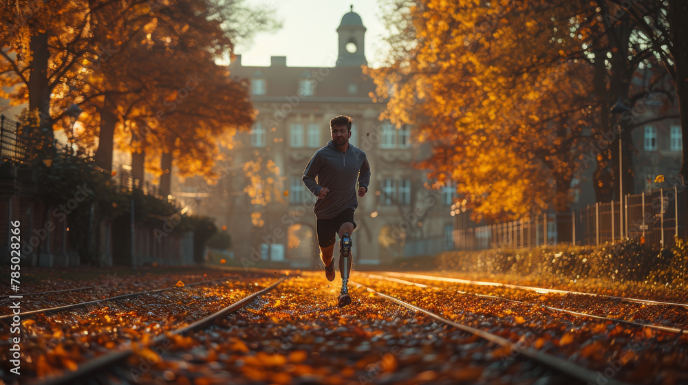 Overcoming Challenges: Man with Prosthetic Leg Engaged in Track Running Overcoming Challenges: Man with Prosthetic Leg Engaged in Track Running