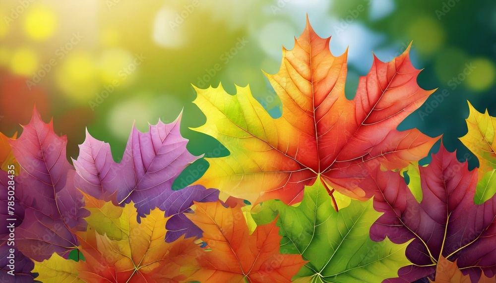 photorealistic,background, full colour maple small leaves on blue sky and beautiful clouds background