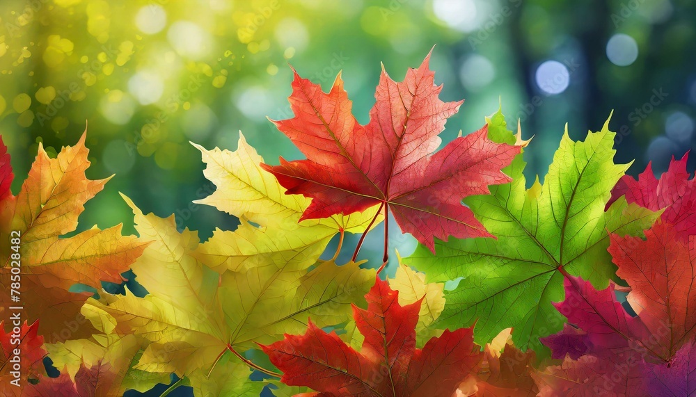photorealistic,background, full colour maple small leaves on blue sky and beautiful clouds background