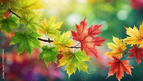 Obraz na płótnie photorealistic,background, full colour maple small leaves on blue sky and beautiful clouds background w salonie