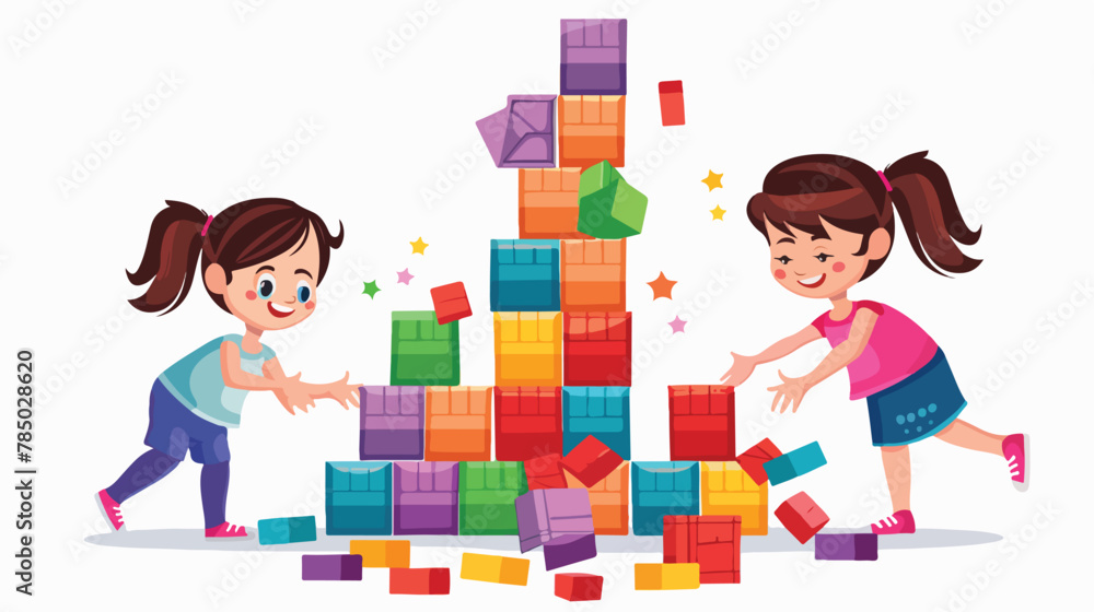 Smiling preschool girls kids building tower of toy 
