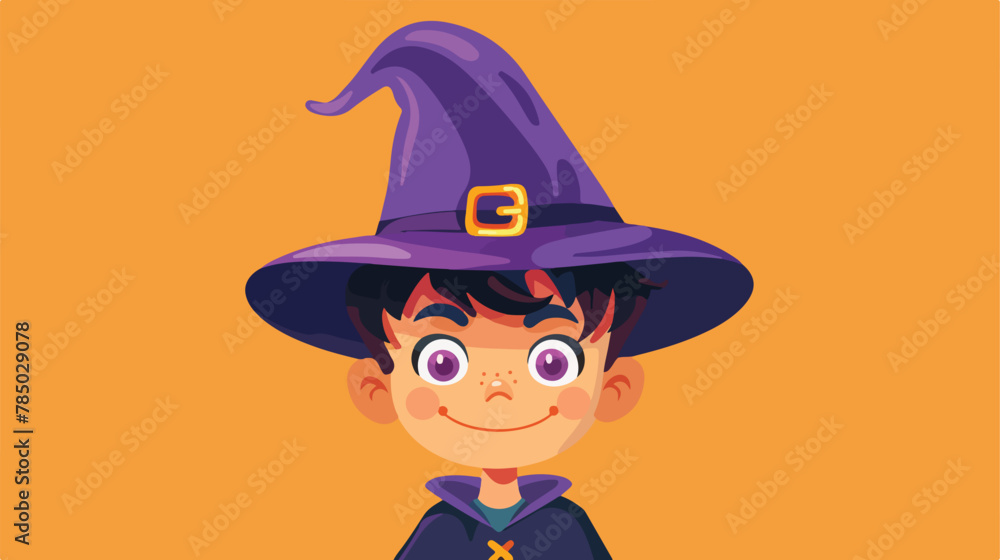Cute head of boy wearing purple witch hat on orange 