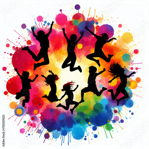 jumping or dancing silhouettes in splashing colorful background 