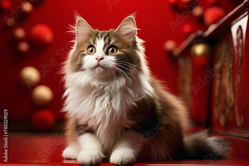 An endearing brown and white cat with a heart-melting expression, sitting against a vibrant red background, creating a delightful contrast.