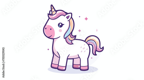 Cute happy magic unicorn with pink mane Simple flat l © Casa