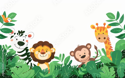Cute jungle animals peeking out from behind foliage  vector flat icon illustration with white background  lion zebra giraffe monkey tiger and parrot  simple design