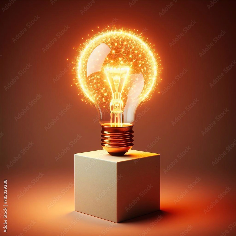 Illuminated light bulb on block with empty space for text on plain color background Illuminated light bulb on block with empty space for text on plain color background