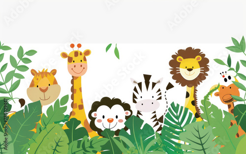 Cute jungle animals peeking out from behind foliage  vector flat icon illustration with white background  lion zebra giraffe monkey tiger and parrot  simple design