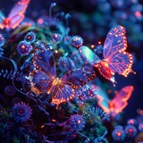 Captivating Neon Butterflies Amid Microscopic Wonders in a Vibrant Fantastical Landscape