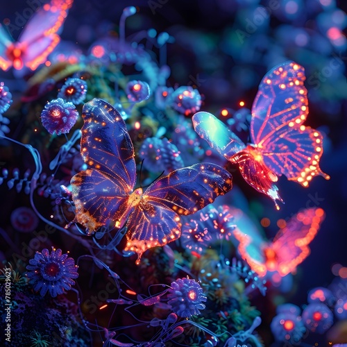 Captivating Neon Butterflies Amid Microscopic Wonders in a Vibrant Fantastical Landscape
