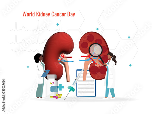 A cartoon of two doctors examining a kidney. The cartoon is titled World Kidney Cancer Day