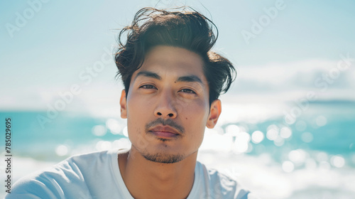 海にたたずむ爽やかな若い男性 Young handsome man in beach photo