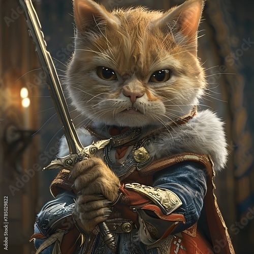 Mighty Feline Warrior Wields Fantastical Sword with Mischievous Gleam in Captivating Cartoon Close Up