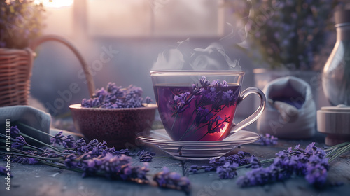 Glass Cup of healthy lavender tea and lavender flowers 