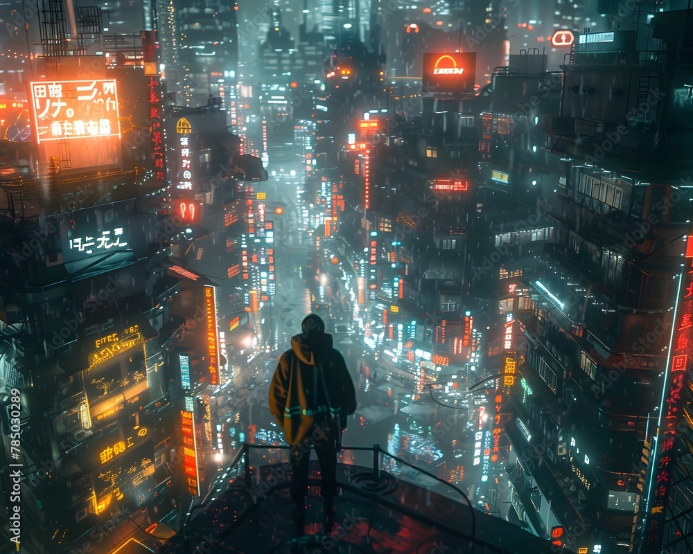 Digitalized Consciousness Exploring Mankind s Fate in a Futuristic Rain Soaked Cityscape at Night
