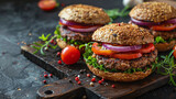 Natural Vegan Temptation: Appetizing Product Photography of Vegan Burgers with Plant-Based Wheat Patty on a Wooden Board Background