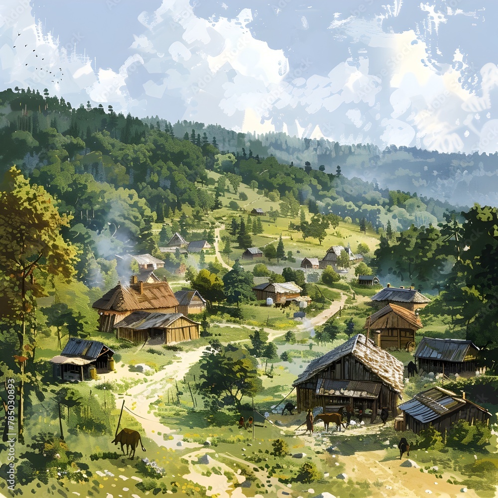 Tranquil Village Nestled in a Forested Mountain Landscape Amid Signs of Impending Conflict