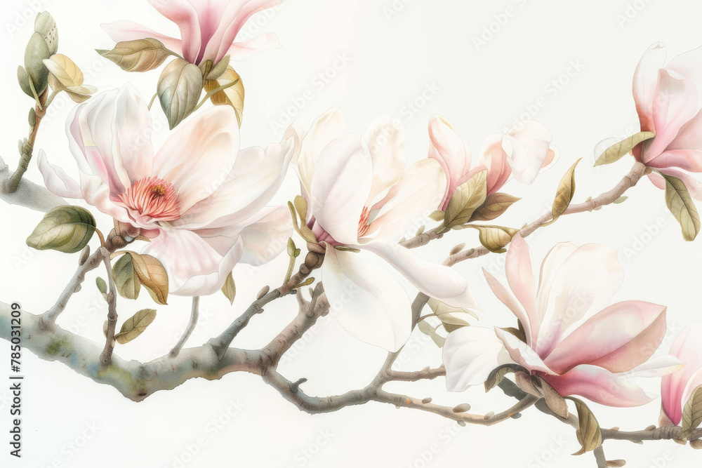 A watercolor painting of a branch with magnolia flowers