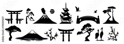 vector japanese elements collection silhouette. Japanese vector set. Japan attractions vector silhouette