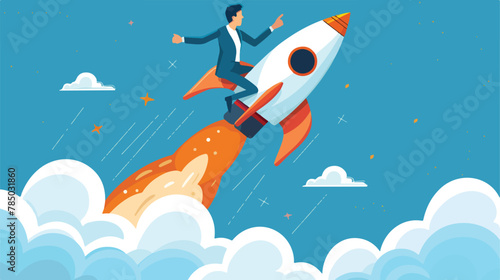 Successful businessman on a rocket flying high 