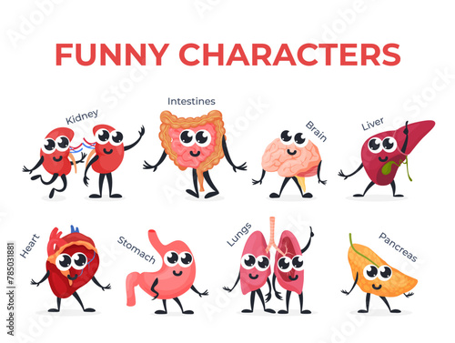 Human healthy smiling internal organ funny characters set vector flat illustration
