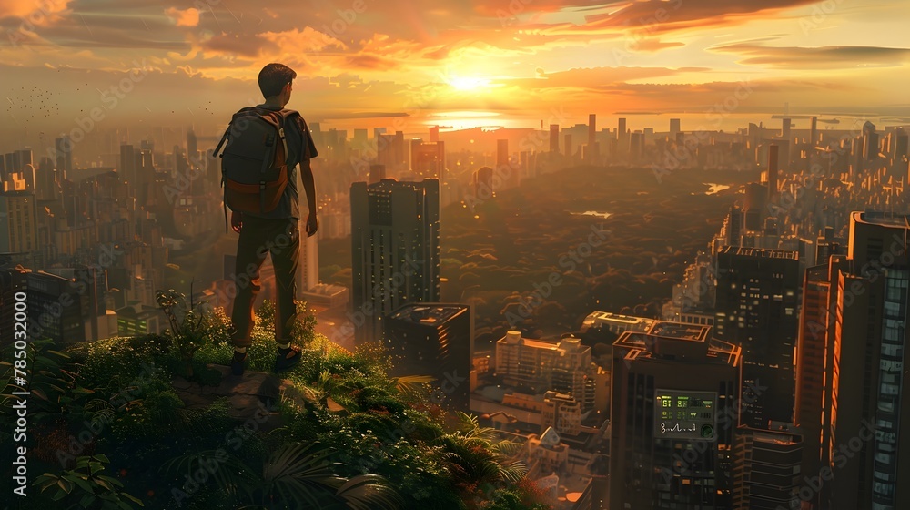 Naklejka premium Intrepid Explorer Overlooking the Urban Jungle at Sunset