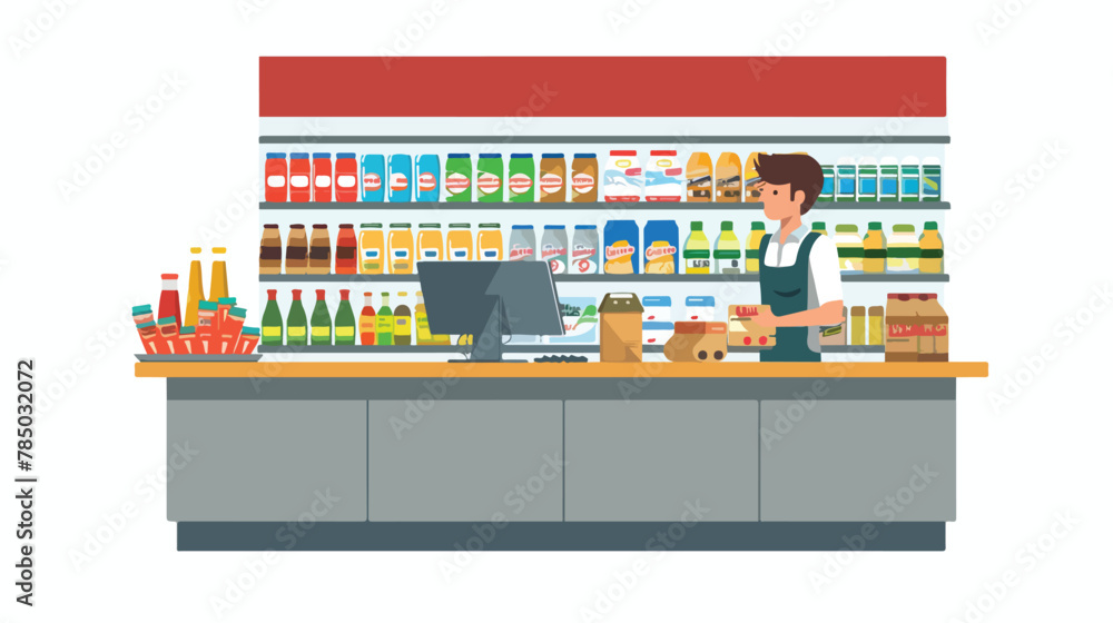 Supermarket store counter desk equipment and clerk 