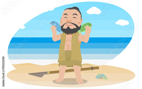 魚を捕って喜ぶ縄文人男性